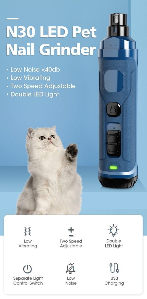 Pet nail grinder with LED USB charging and low noise for Pets